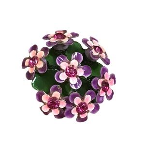 Vintage Pink Purple Rhinestone Flower Metal Ring Adjustable 60s 70s green
